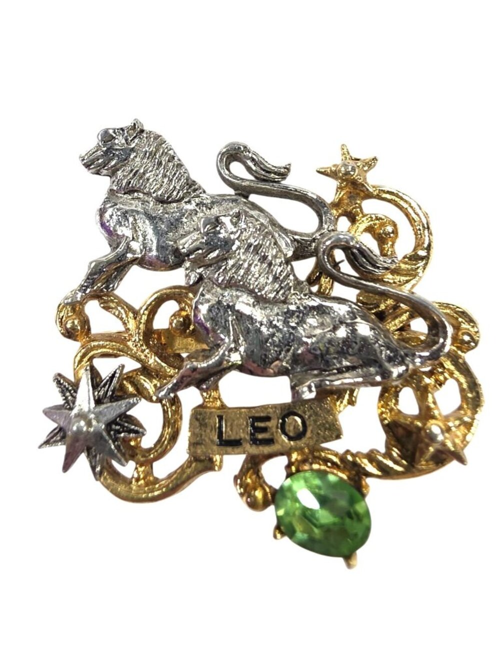 Vintage ART Leo Zodiac Pin Brooch Gold Tone Silver Tone Green Gemstone Horoscope